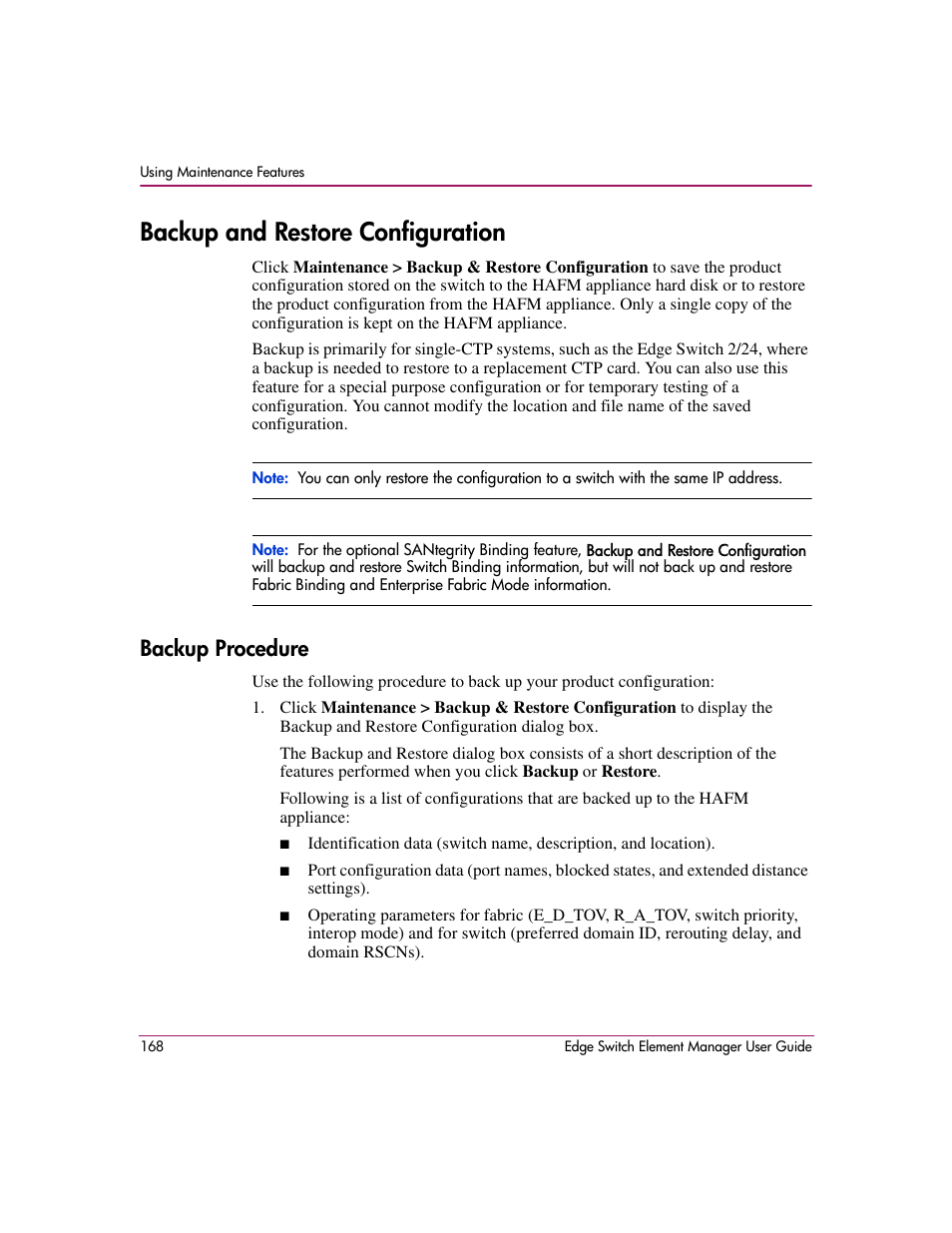 Backup and restore configuration, Backup procedure, On, see | Information, see | HP StorageWorks 2.12 Edge Switch User Manual | Page 168 / 246