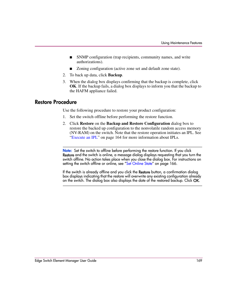 Restore procedure | HP StorageWorks 2.12 Edge Switch User Manual | Page 169 / 246