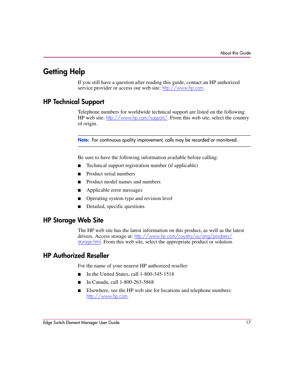 Getting help, Hp technical support, Hp storage web site | Hp authorized reseller | HP StorageWorks 2.12 Edge Switch User Manual | Page 17 / 246