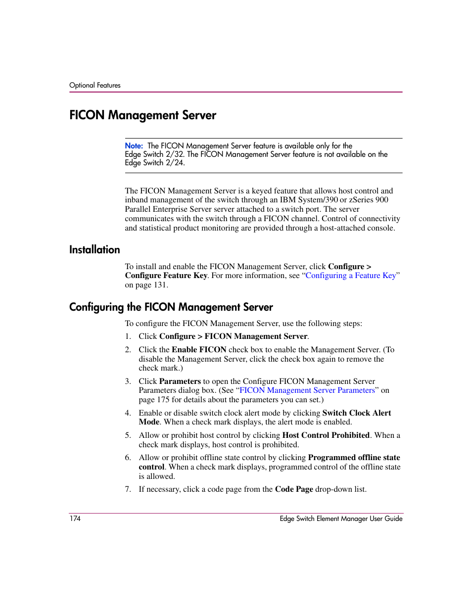 Ficon management server, Installation, Configuring the ficon management server | HP StorageWorks 2.12 Edge Switch User Manual | Page 174 / 246