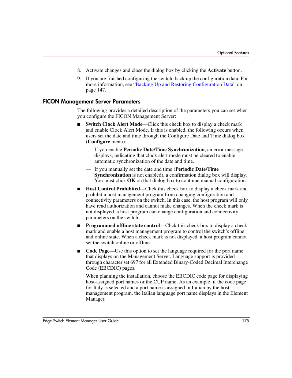 Ficon management server parameters | HP StorageWorks 2.12 Edge Switch User Manual | Page 175 / 246