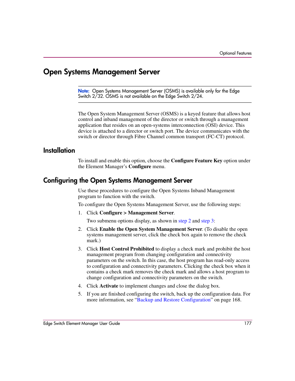 Open systems management server, Installation, Configuring the open systems management server | HP StorageWorks 2.12 Edge Switch User Manual | Page 177 / 246