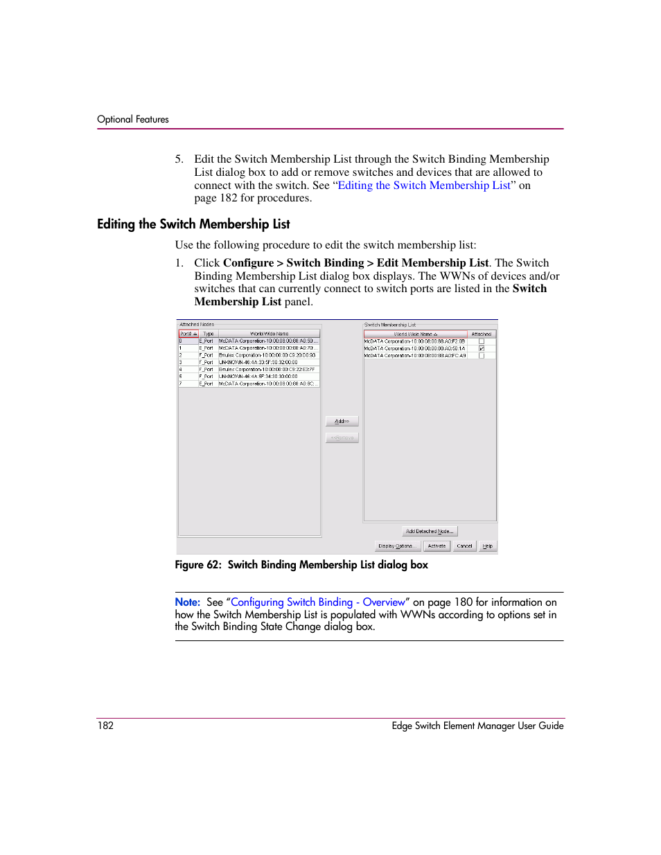 Editing the switch membership list, 62 switch binding membership list dialog box | HP StorageWorks 2.12 Edge Switch User Manual | Page 182 / 246