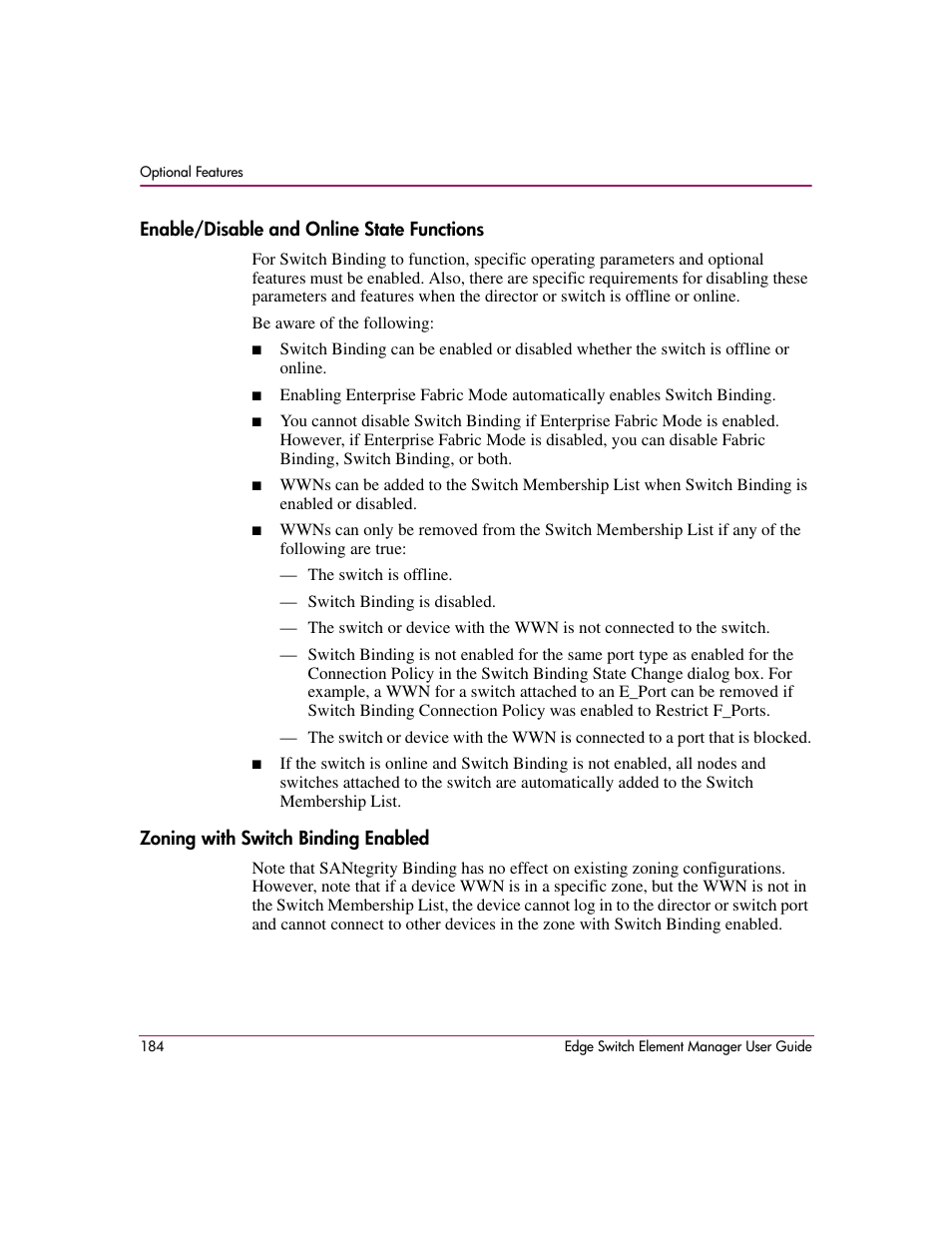 Enable/disable and online state functions, Zoning with switch binding enabled | HP StorageWorks 2.12 Edge Switch User Manual | Page 184 / 246