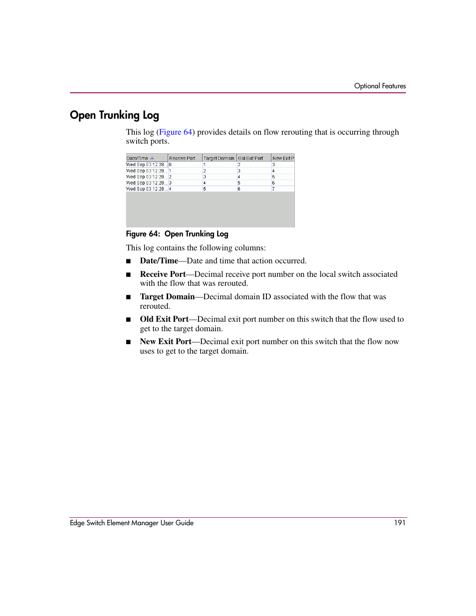 Open trunking log, Figure 64: open trunking log, 64 open trunking log | Ion, see, Details, see | HP StorageWorks 2.12 Edge Switch User Manual | Page 191 / 246