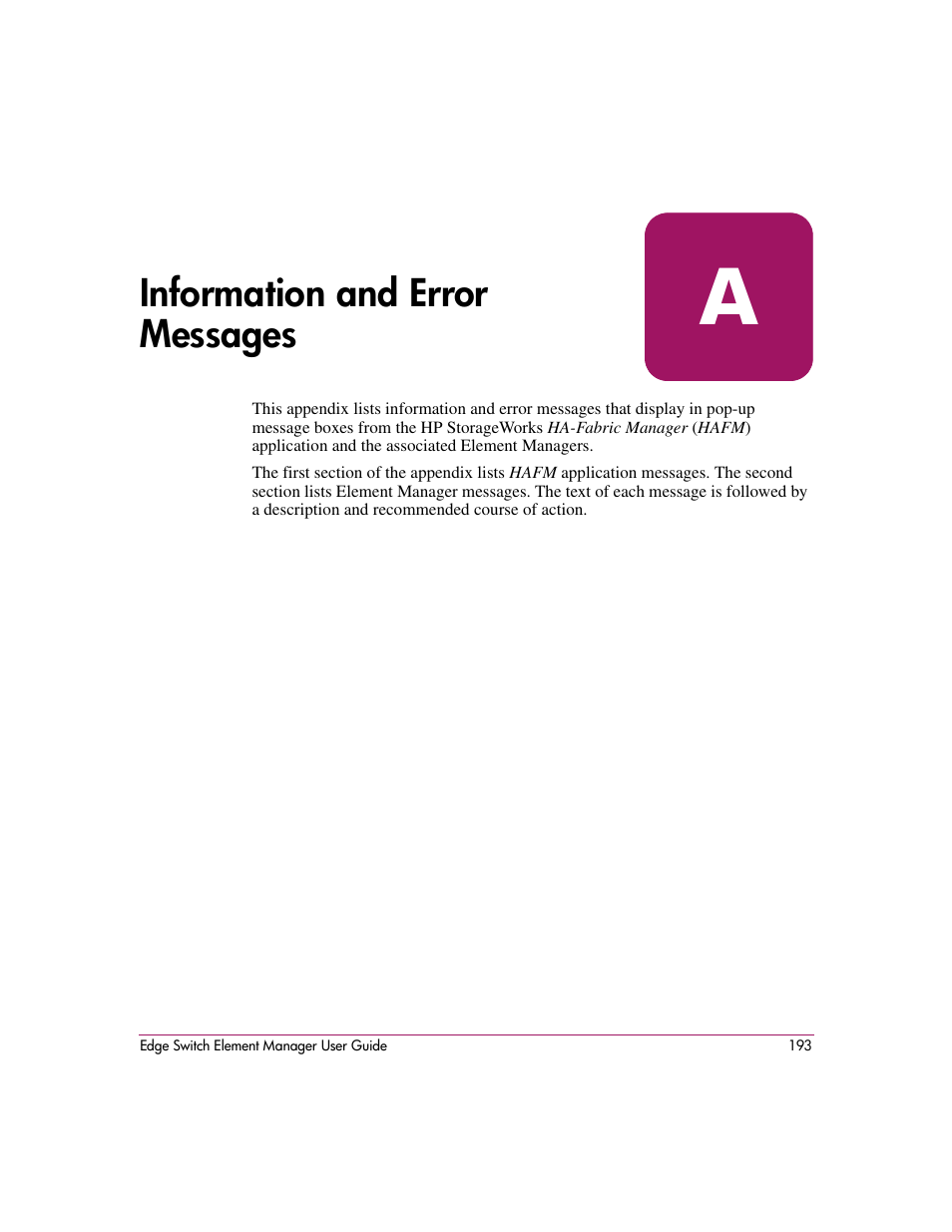 Information and error messages, A information and error messages | HP StorageWorks 2.12 Edge Switch User Manual | Page 193 / 246