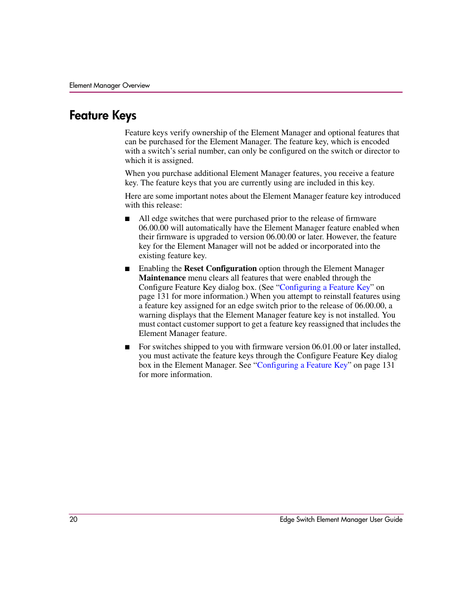 Feature keys | HP StorageWorks 2.12 Edge Switch User Manual | Page 20 / 246