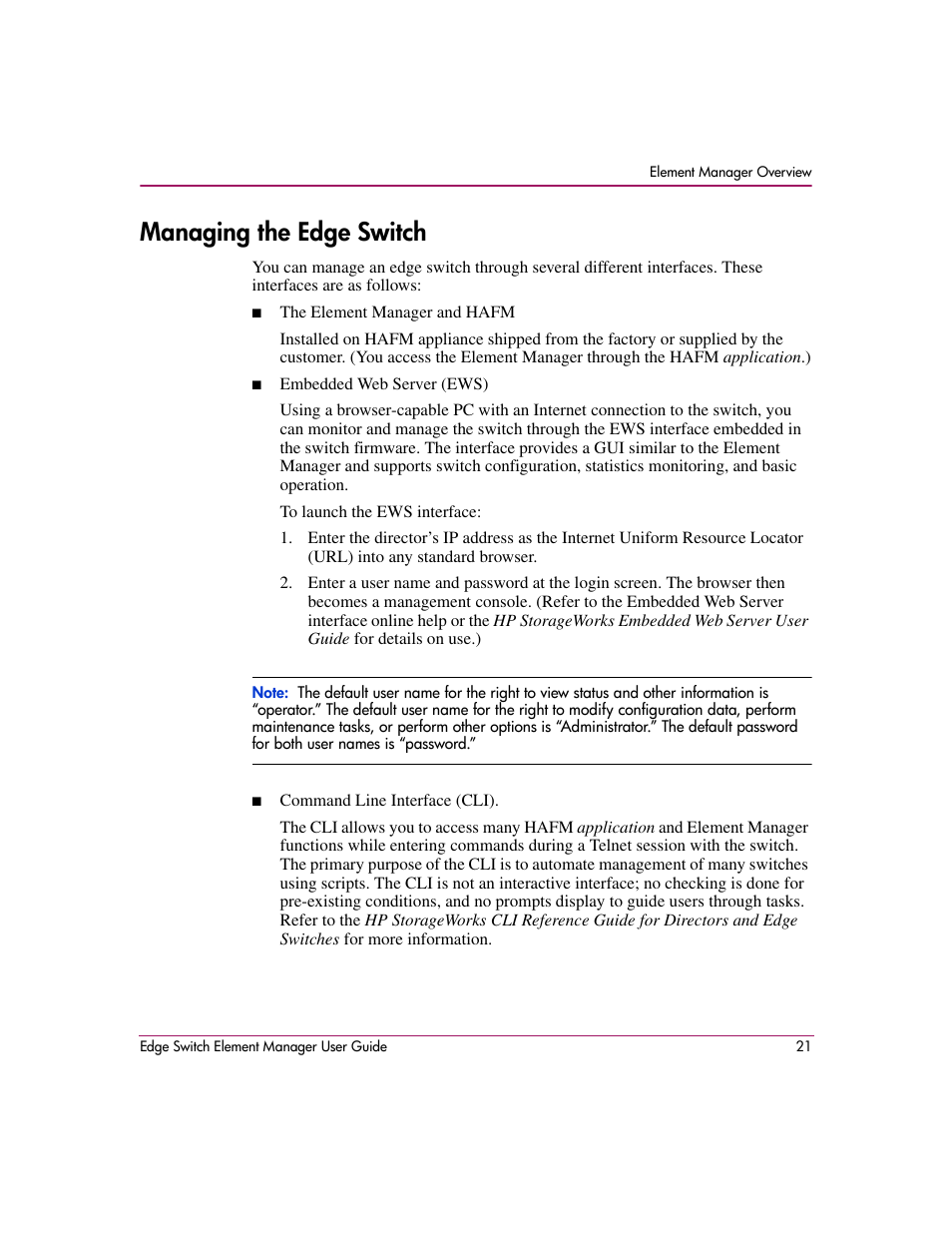 Managing the edge switch | HP StorageWorks 2.12 Edge Switch User Manual | Page 21 / 246
