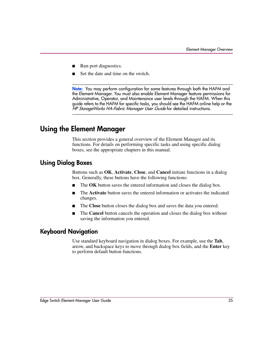 Using the element manager, Using dialog boxes, Keyboard navigation | Using dialog boxes keyboard navigation | HP StorageWorks 2.12 Edge Switch User Manual | Page 25 / 246