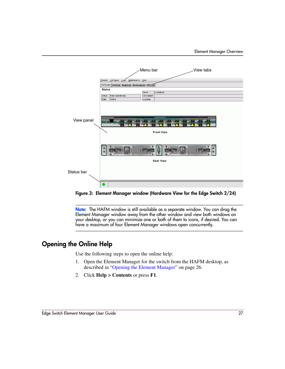 Opening the online help, Figure 3 | HP StorageWorks 2.12 Edge Switch User Manual | Page 27 / 246