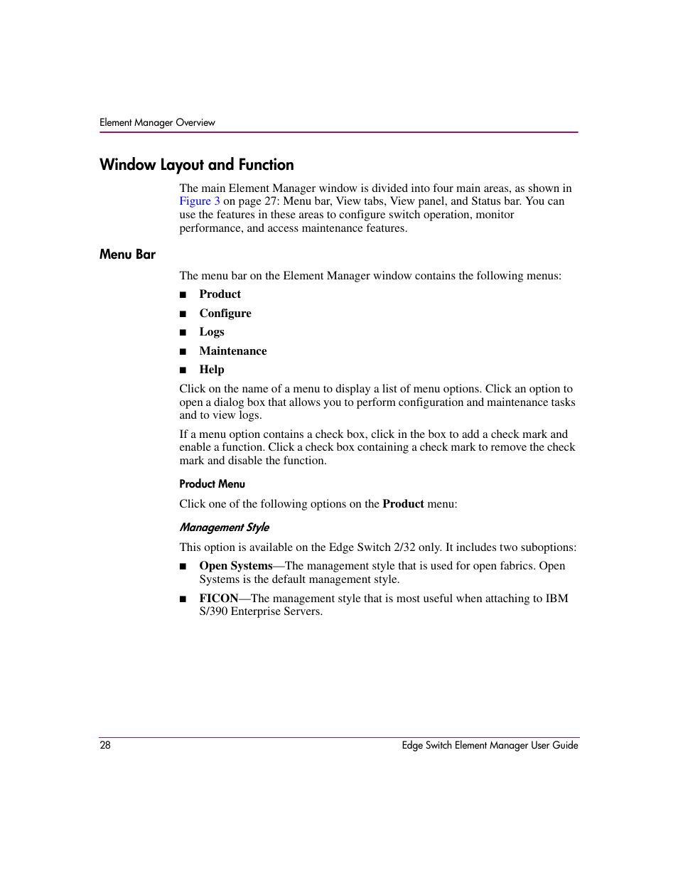 Window layout and function, Menu bar | HP StorageWorks 2.12 Edge Switch User Manual | Page 28 / 246