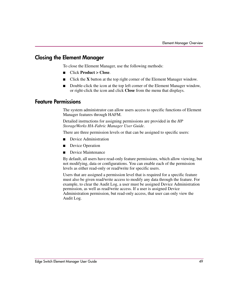 Closing the element manager, Feature permissions, Closing the element manager feature permissions | HP StorageWorks 2.12 Edge Switch User Manual | Page 49 / 246