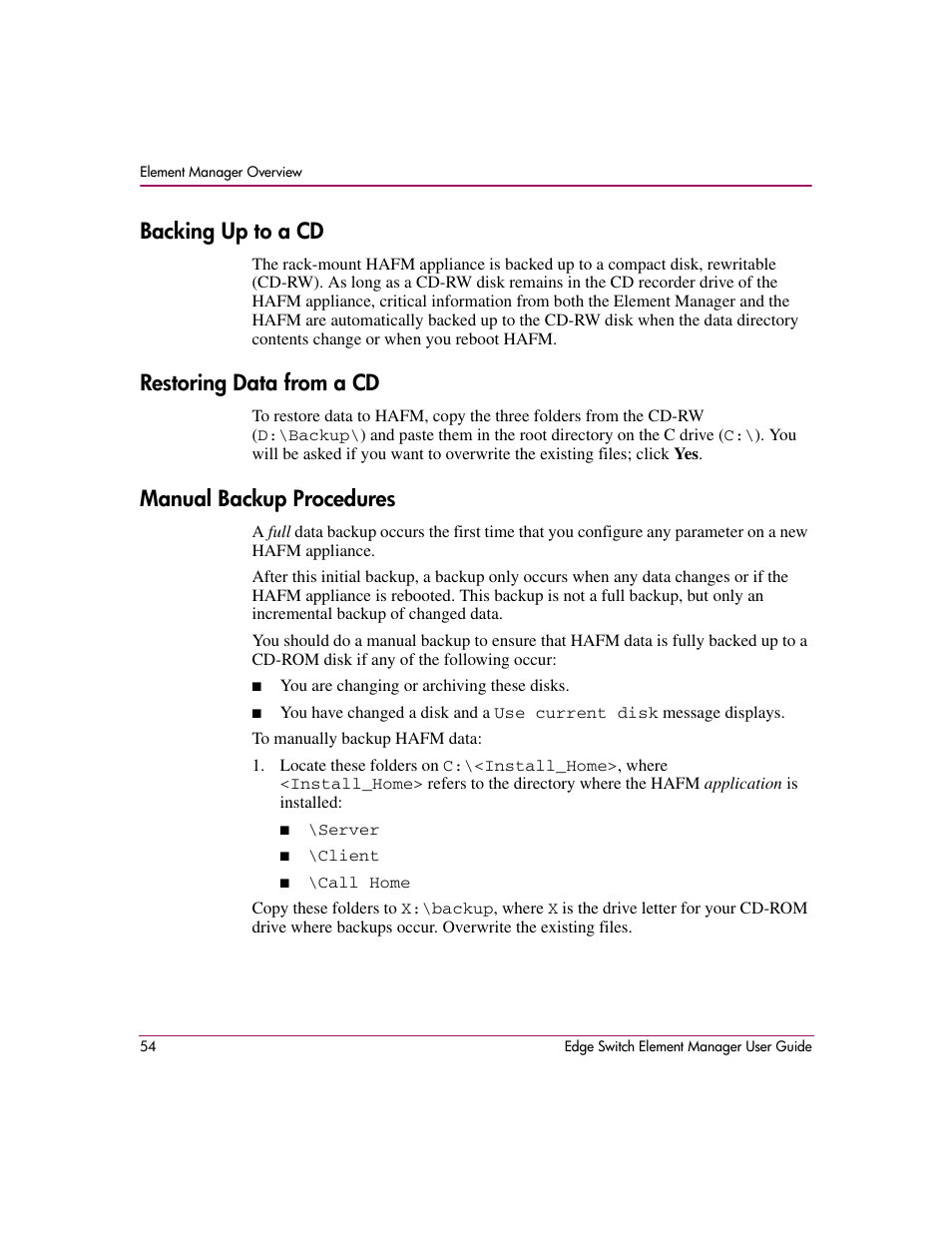 Backing up to a cd, Restoring data from a cd, Manual backup procedures | HP StorageWorks 2.12 Edge Switch User Manual | Page 54 / 246