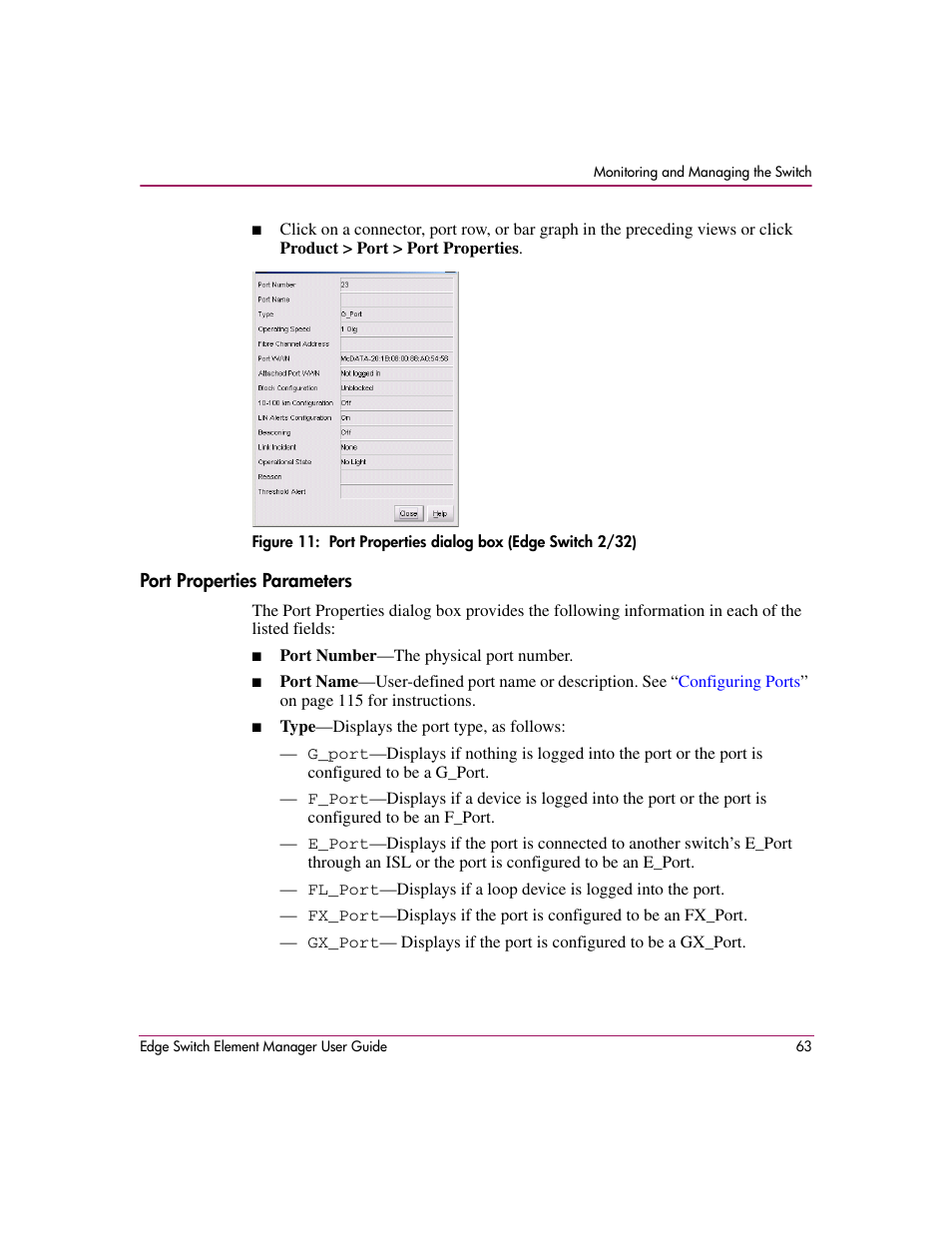 Port properties parameters, 11 port properties dialog box (edge switch 2/32) | HP StorageWorks 2.12 Edge Switch User Manual | Page 63 / 246
