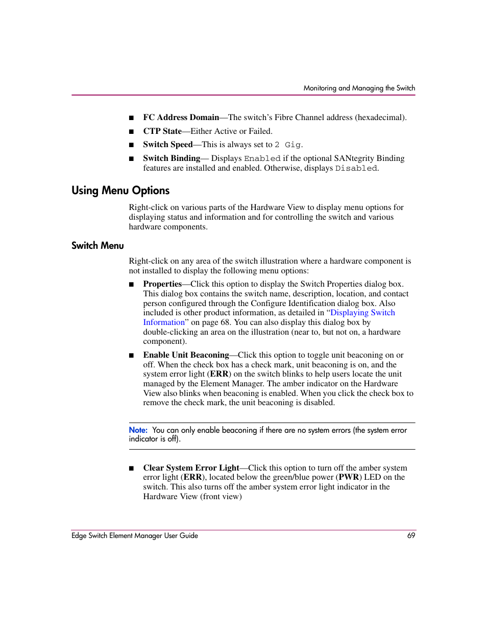 Using menu options, Switch menu | HP StorageWorks 2.12 Edge Switch User Manual | Page 69 / 246
