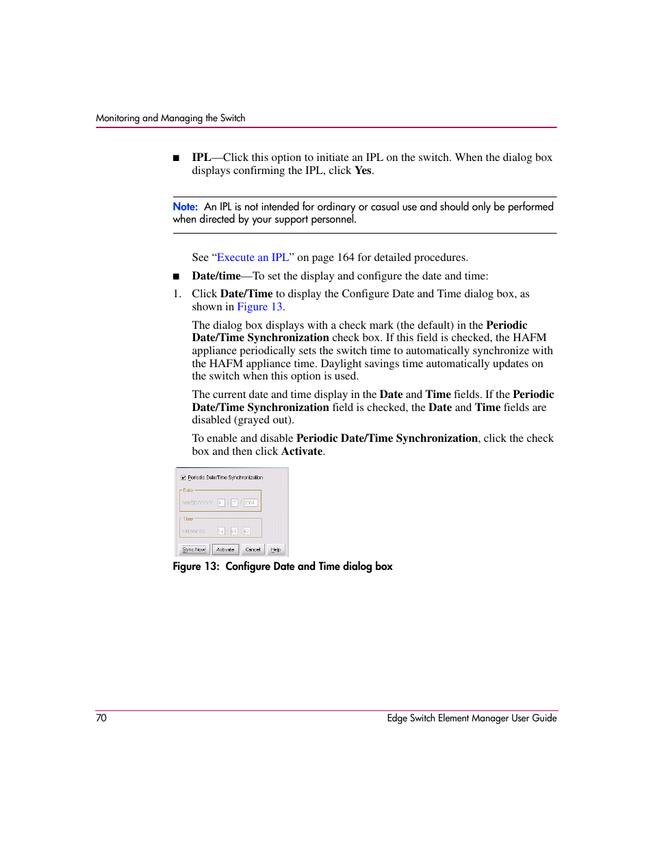 Figure 13: configure date and time dialog box, 13 configure date and time dialog box | HP StorageWorks 2.12 Edge Switch User Manual | Page 70 / 246