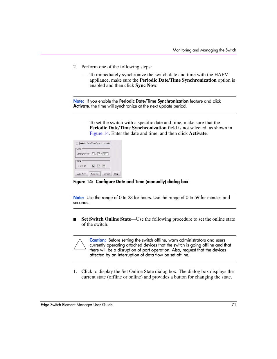 14 configure date and time (manually) dialog box | HP StorageWorks 2.12 Edge Switch User Manual | Page 71 / 246