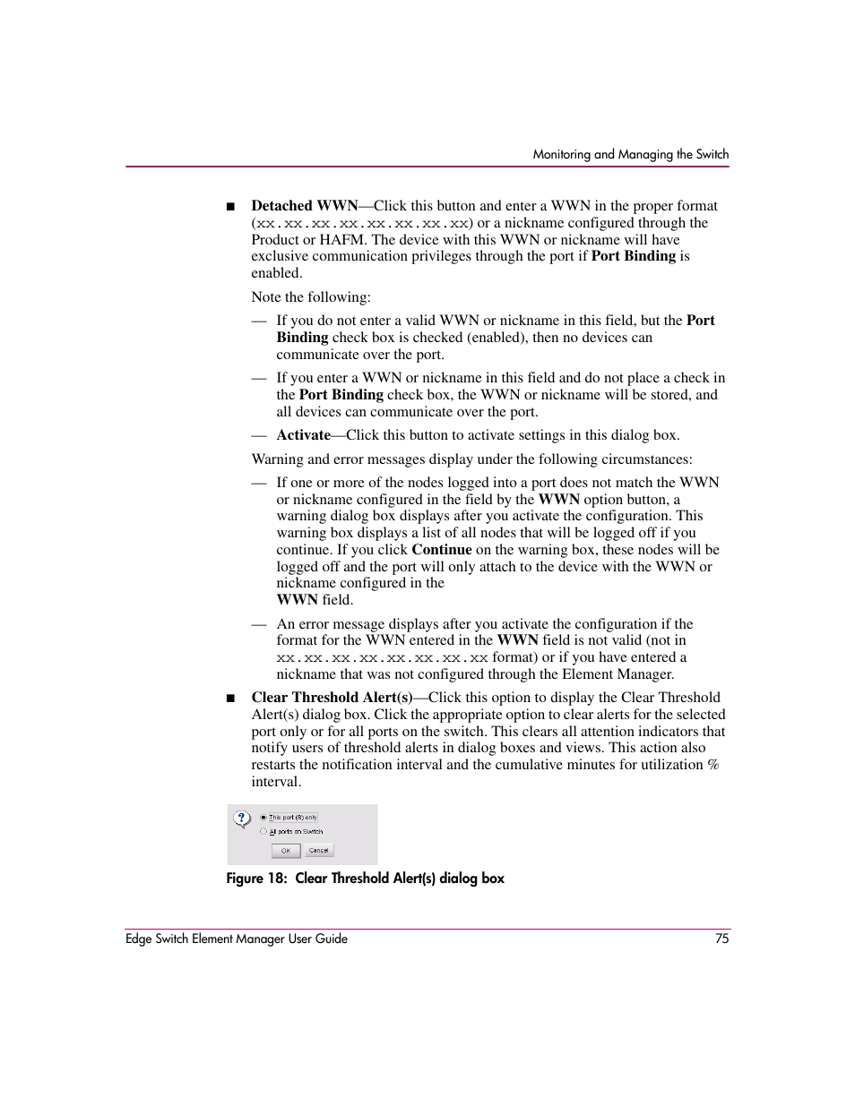 Figure 18: clear threshold alert(s) dialog box, 18 clear threshold alert(s) dialog box | HP StorageWorks 2.12 Edge Switch User Manual | Page 75 / 246