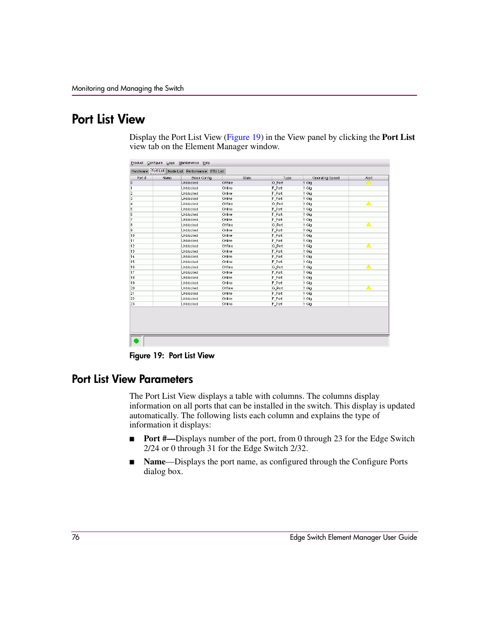 Port list view, Figure 19: port list view, Port list view parameters | 19 port list view, Port list, View | HP StorageWorks 2.12 Edge Switch User Manual | Page 76 / 246