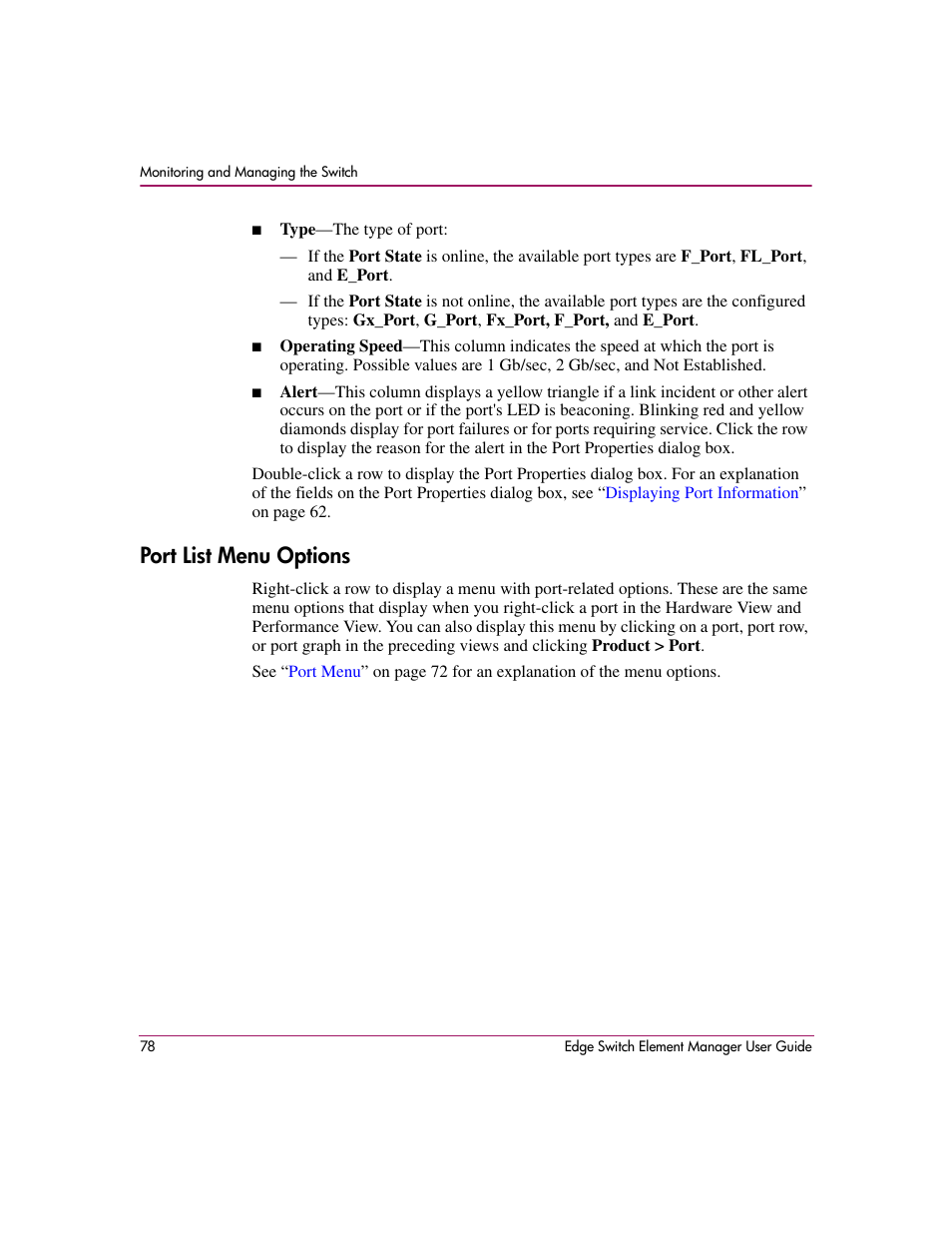 Port list menu options | HP StorageWorks 2.12 Edge Switch User Manual | Page 78 / 246