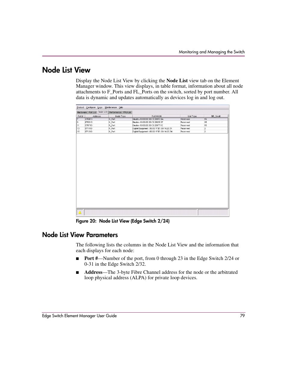 Node list view, Figure 20: node list view (edge switch 2/24), Node list view parameters | 20 node list view (edge switch 2/24), Node list, View | HP StorageWorks 2.12 Edge Switch User Manual | Page 79 / 246