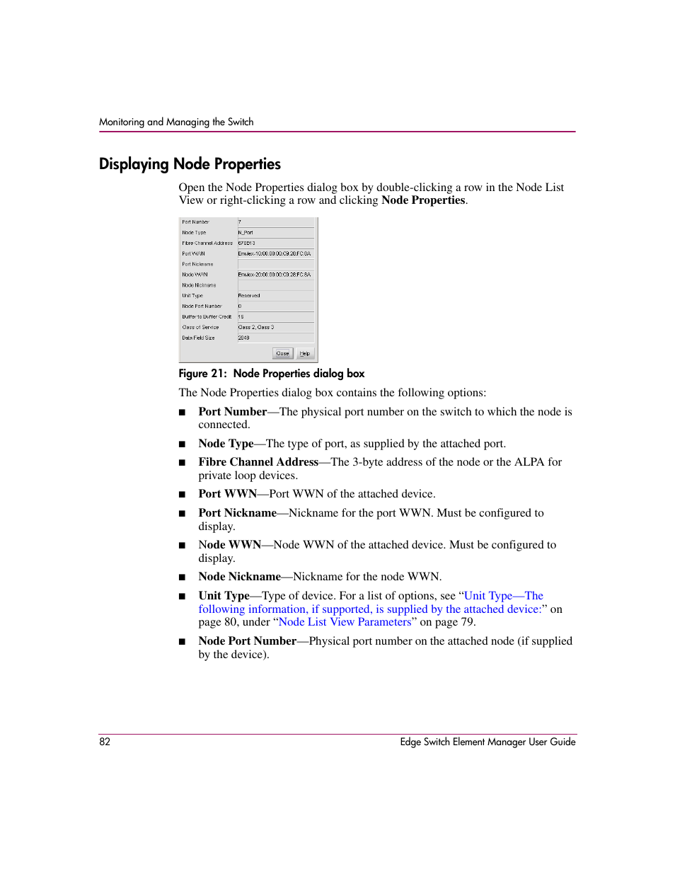 Displaying node properties, Figure 21: node properties dialog box, 21 node properties dialog box | X. see | HP StorageWorks 2.12 Edge Switch User Manual | Page 82 / 246