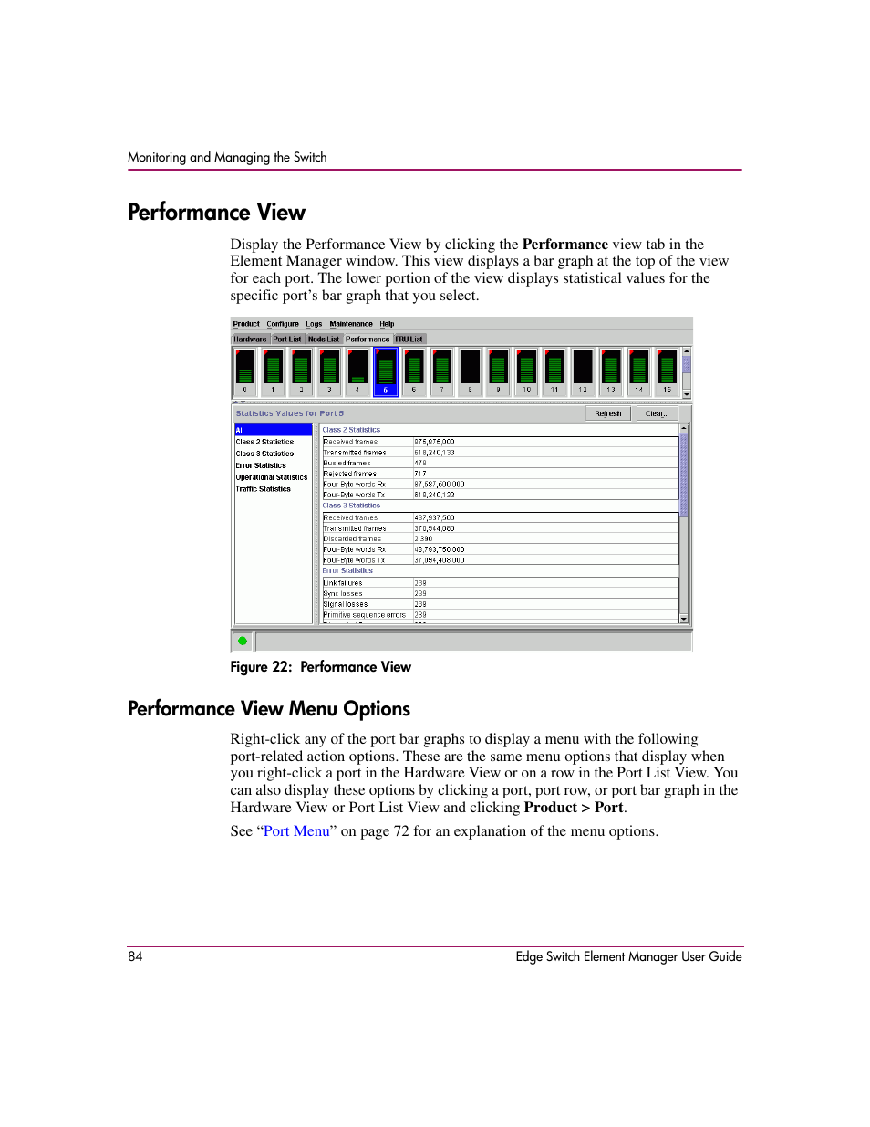 Performance view, Figure 22: performance view, Performance view menu options | 22 performance view, Ons, see | HP StorageWorks 2.12 Edge Switch User Manual | Page 84 / 246