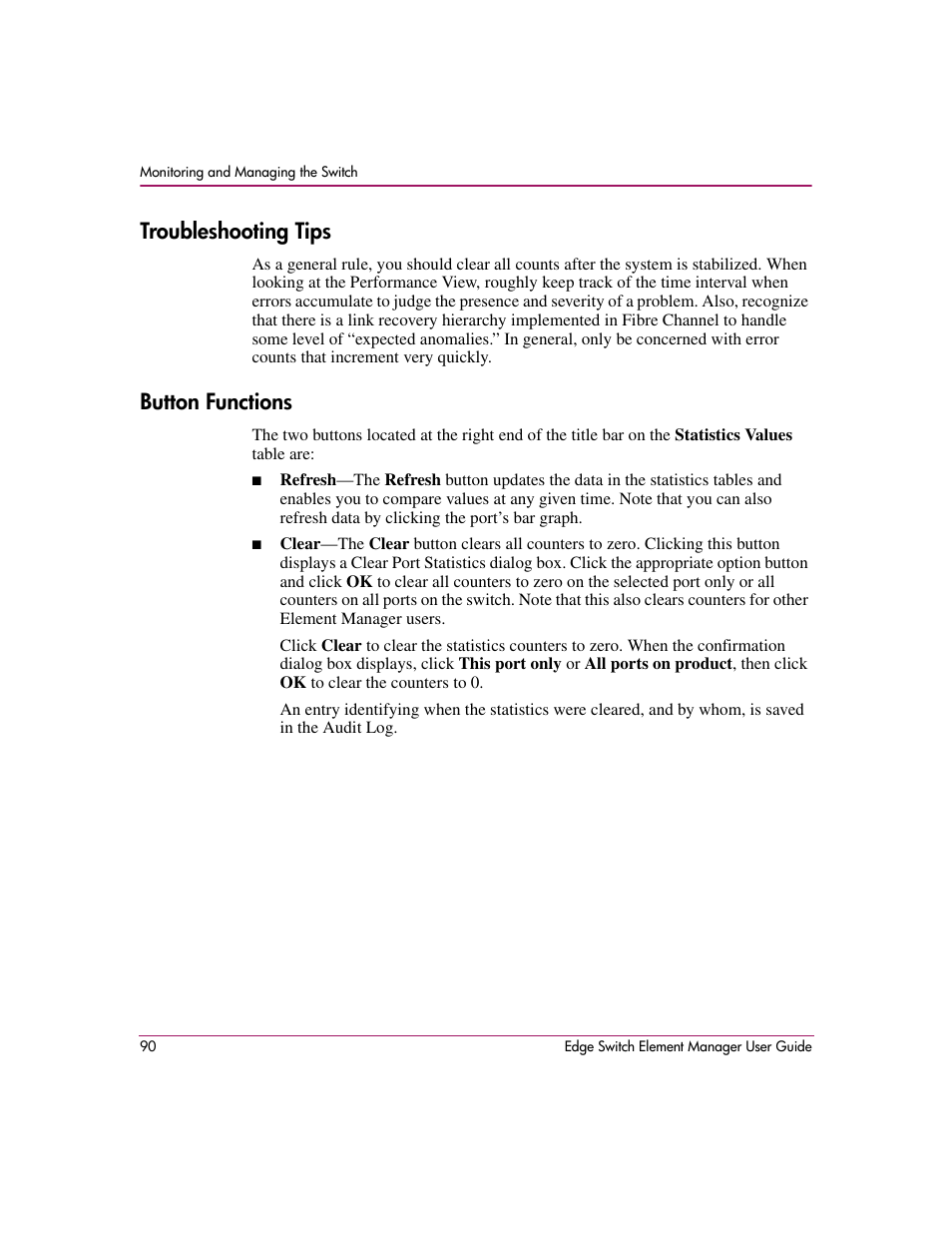 Troubleshooting tips, Button functions, Troubleshooting tips button functions | HP StorageWorks 2.12 Edge Switch User Manual | Page 90 / 246