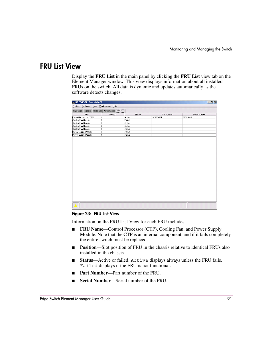 Fru list view, Figure 23: fru list view, 23 fru list view | Fru list, View | HP StorageWorks 2.12 Edge Switch User Manual | Page 91 / 246