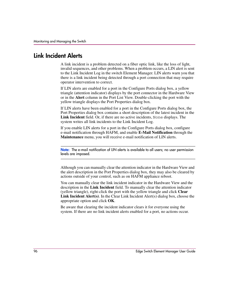 Link incident alerts, S, see, Link | Incident alerts | HP StorageWorks 2.12 Edge Switch User Manual | Page 96 / 246