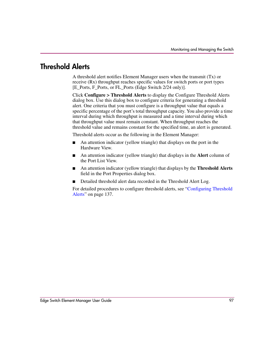 Threshold alerts | HP StorageWorks 2.12 Edge Switch User Manual | Page 97 / 246