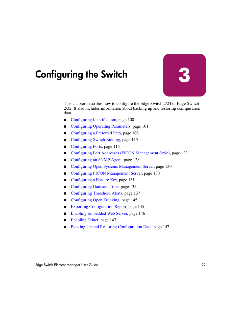 Configuring the switch, 3 configuring the switch, Configuring the | Switch | HP StorageWorks 2.12 Edge Switch User Manual | Page 99 / 246