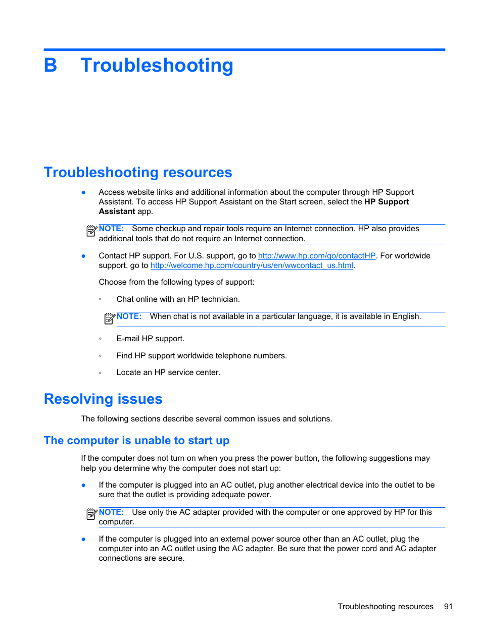Troubleshooting, Troubleshooting resources, Resolving issues | The computer is unable to start up, Appendix b troubleshooting, Troubleshooting resources resolving issues, Btroubleshooting | HP EliteBook 840 G1 Notebook PC User Manual | Page 101 / 108