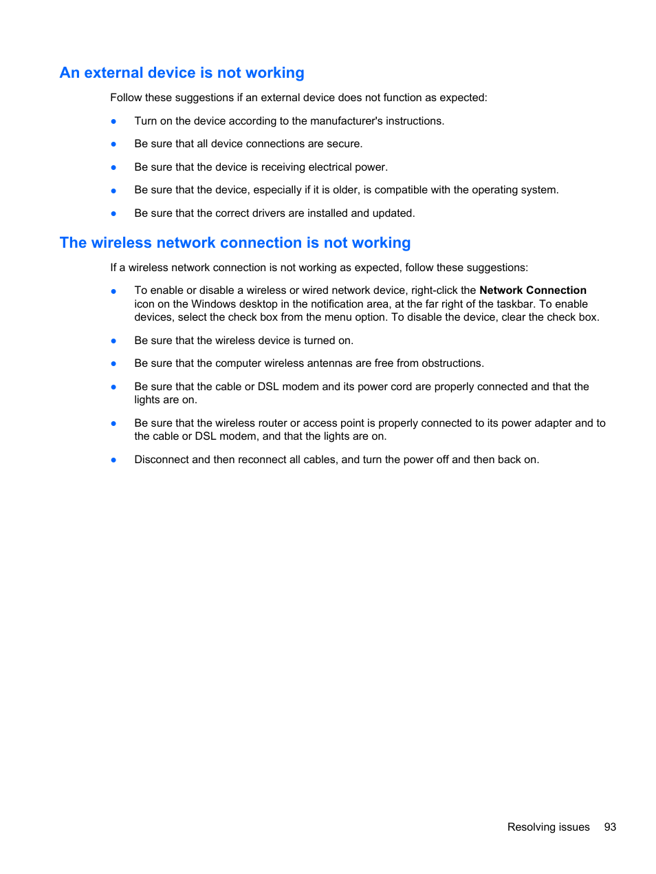 An external device is not working, The wireless network connection is not working | HP EliteBook 840 G1 Notebook PC User Manual | Page 103 / 108