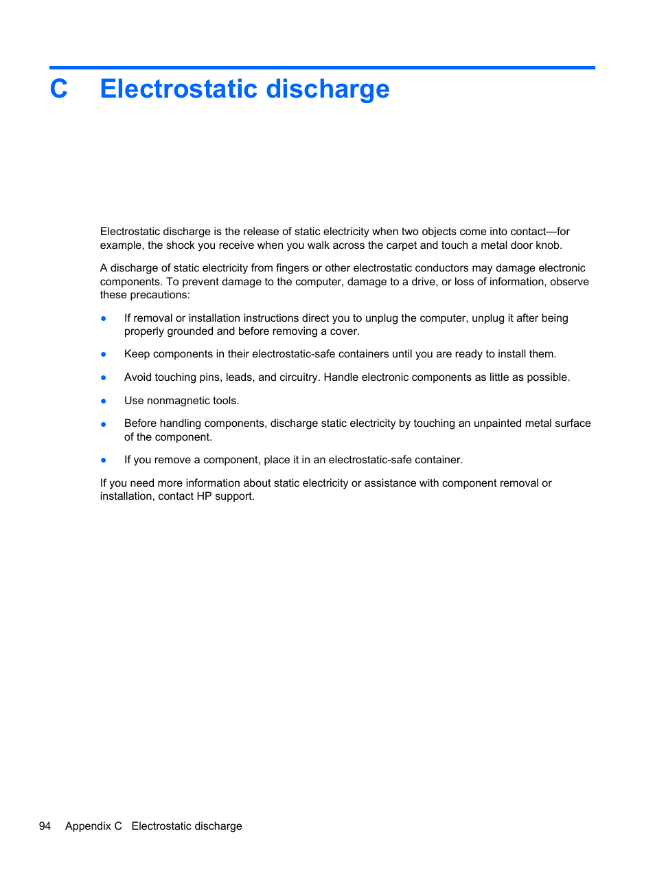 Electrostatic discharge, Appendix c electrostatic discharge, Celectrostatic discharge | HP EliteBook 840 G1 Notebook PC User Manual | Page 104 / 108