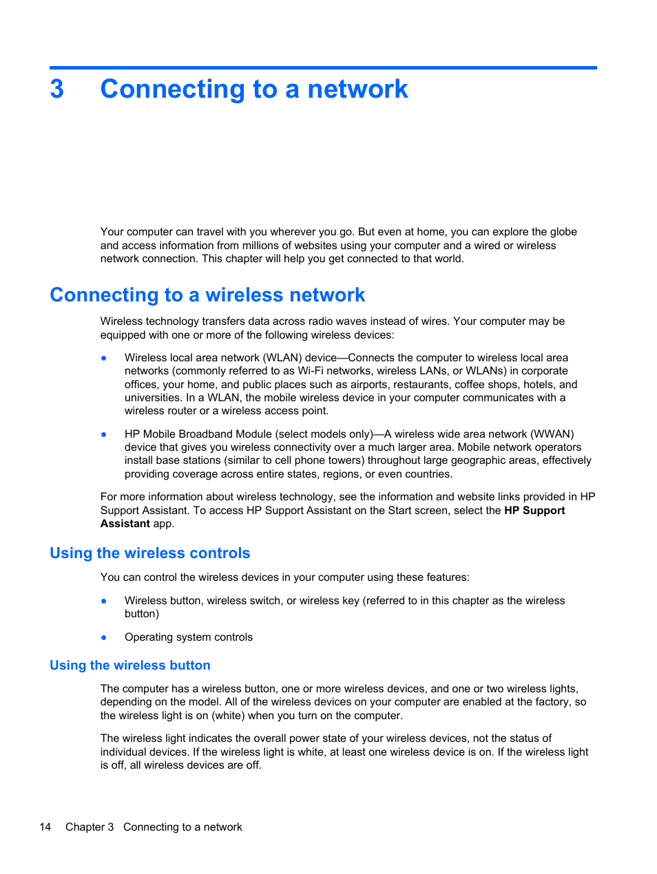 Connecting to a network, Connecting to a wireless network, Using the wireless controls | Using the wireless button, 3 connecting to a network, 3connecting to a network | HP EliteBook 840 G1 Notebook PC User Manual | Page 24 / 108