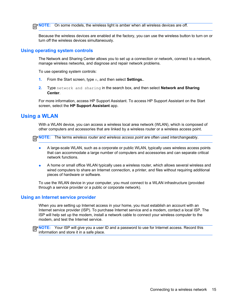 Using operating system controls, Using a wlan, Using an internet service provider | HP EliteBook 840 G1 Notebook PC User Manual | Page 25 / 108