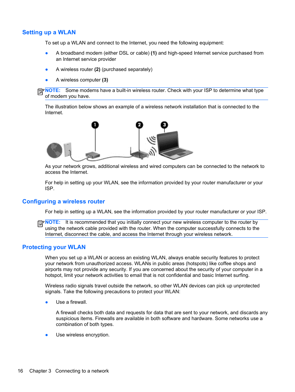 Setting up a wlan, Configuring a wireless router, Protecting your wlan | HP EliteBook 840 G1 Notebook PC User Manual | Page 26 / 108