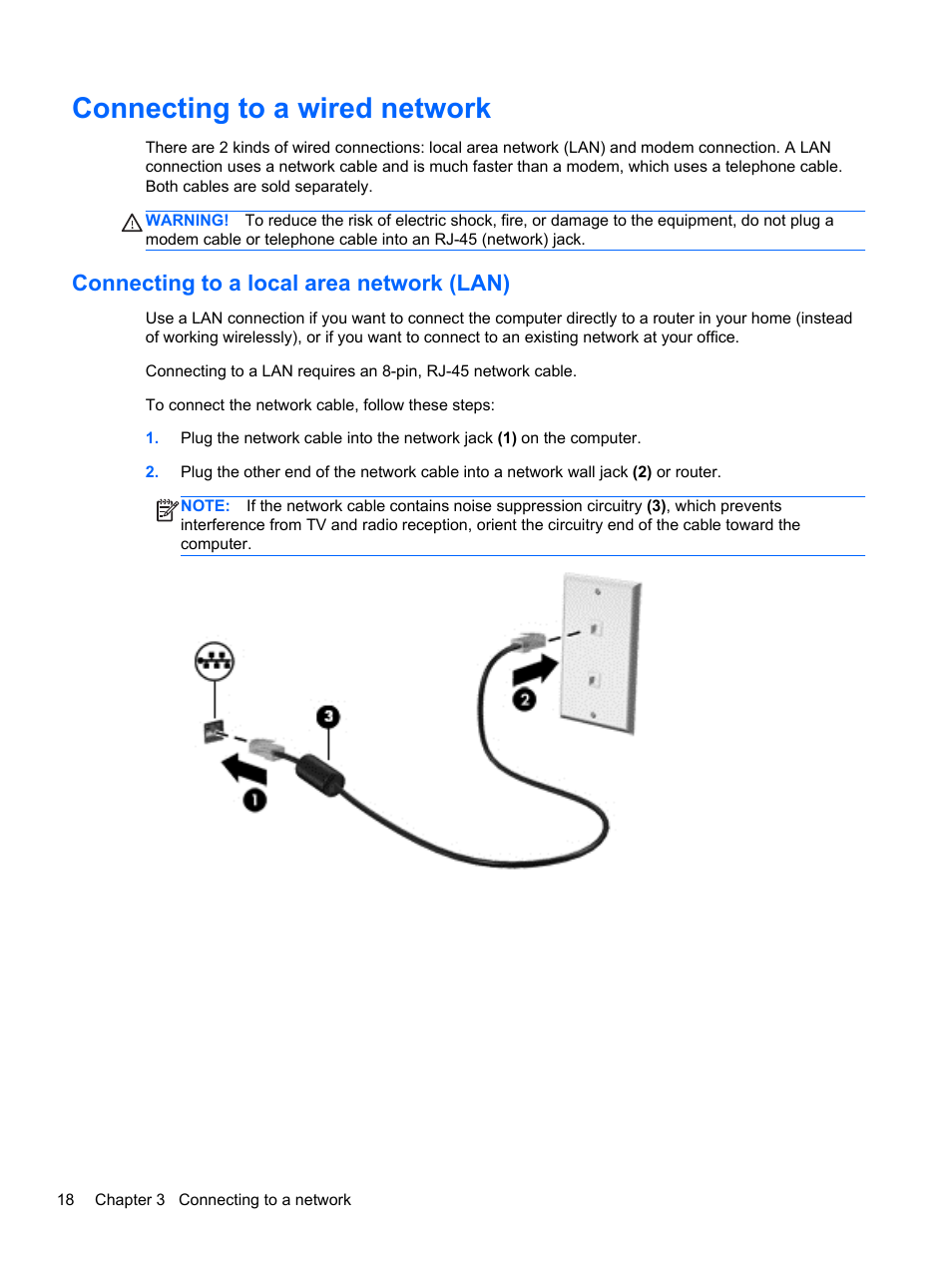 Connecting to a wired network, Connecting to a local area network (lan) | HP EliteBook 840 G1 Notebook PC User Manual | Page 28 / 108