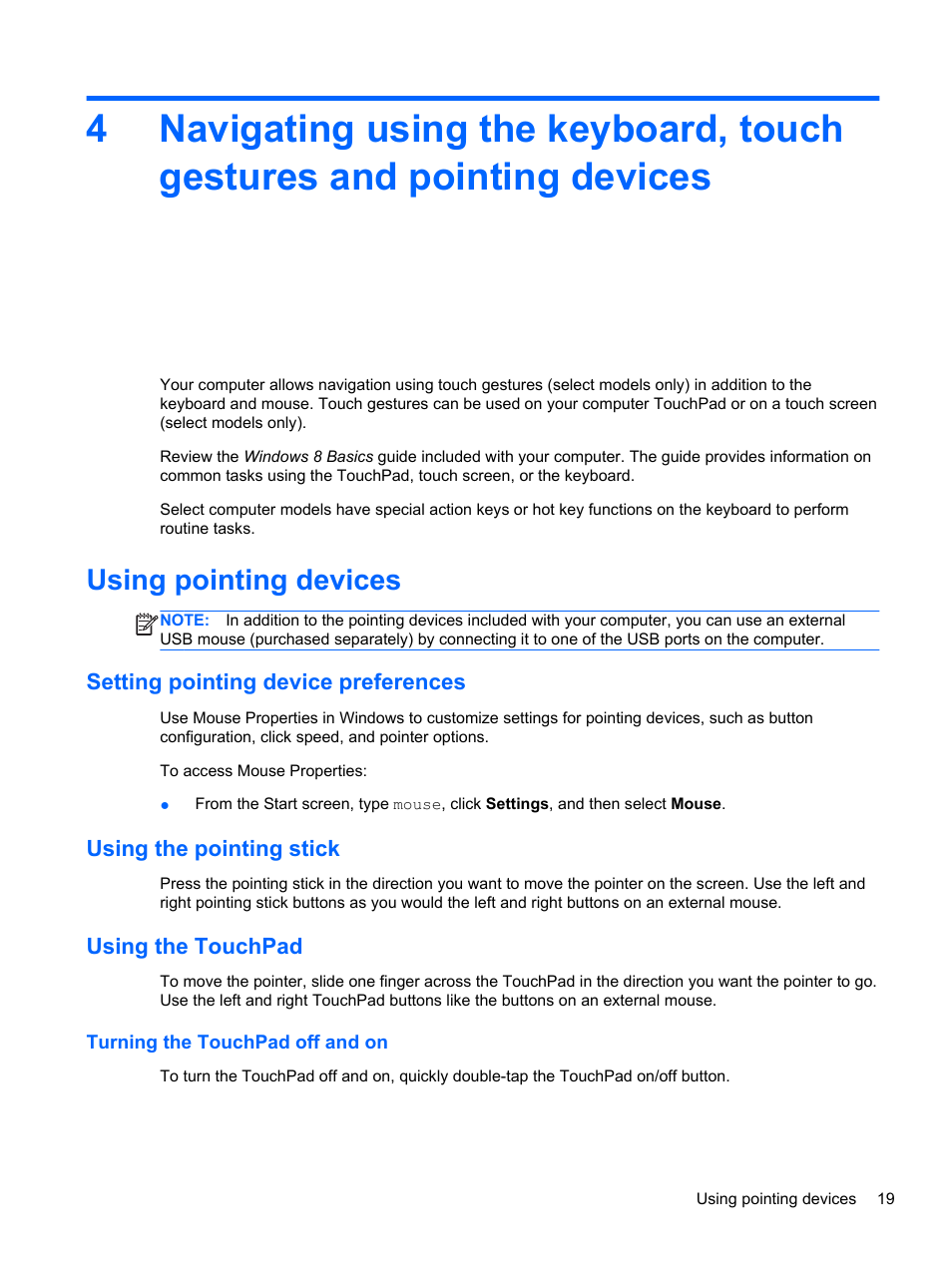 Using pointing devices, Setting pointing device preferences, Using the pointing stick | Using the touchpad, Turning the touchpad off and on, Navigating | HP EliteBook 840 G1 Notebook PC User Manual | Page 29 / 108