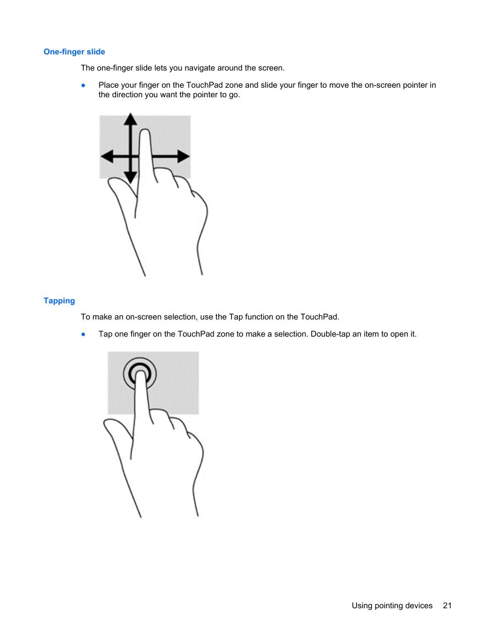 One-finger slide, Tapping, One-finger slide tapping | HP EliteBook 840 G1 Notebook PC User Manual | Page 31 / 108