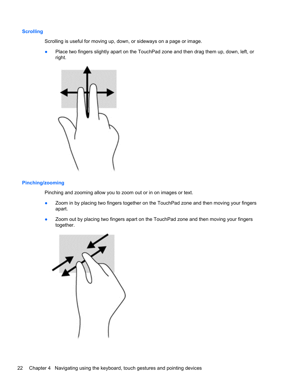 Scrolling, Pinching/zooming, Scrolling pinching/zooming | HP EliteBook 840 G1 Notebook PC User Manual | Page 32 / 108