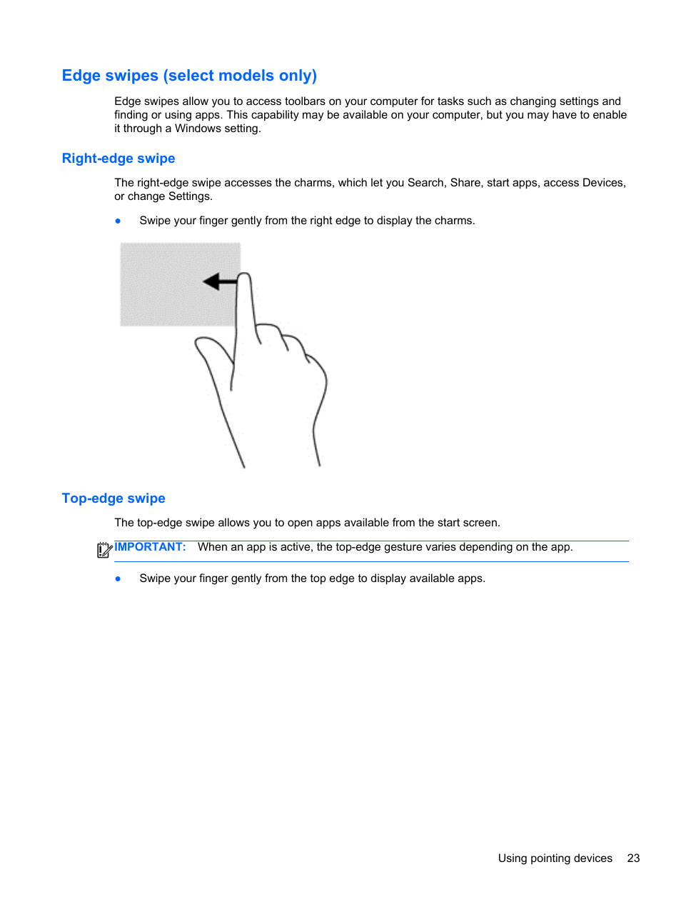 Edge swipes (select models only), Right-edge swipe, Top-edge swipe | Right-edge swipe top-edge swipe | HP EliteBook 840 G1 Notebook PC User Manual | Page 33 / 108