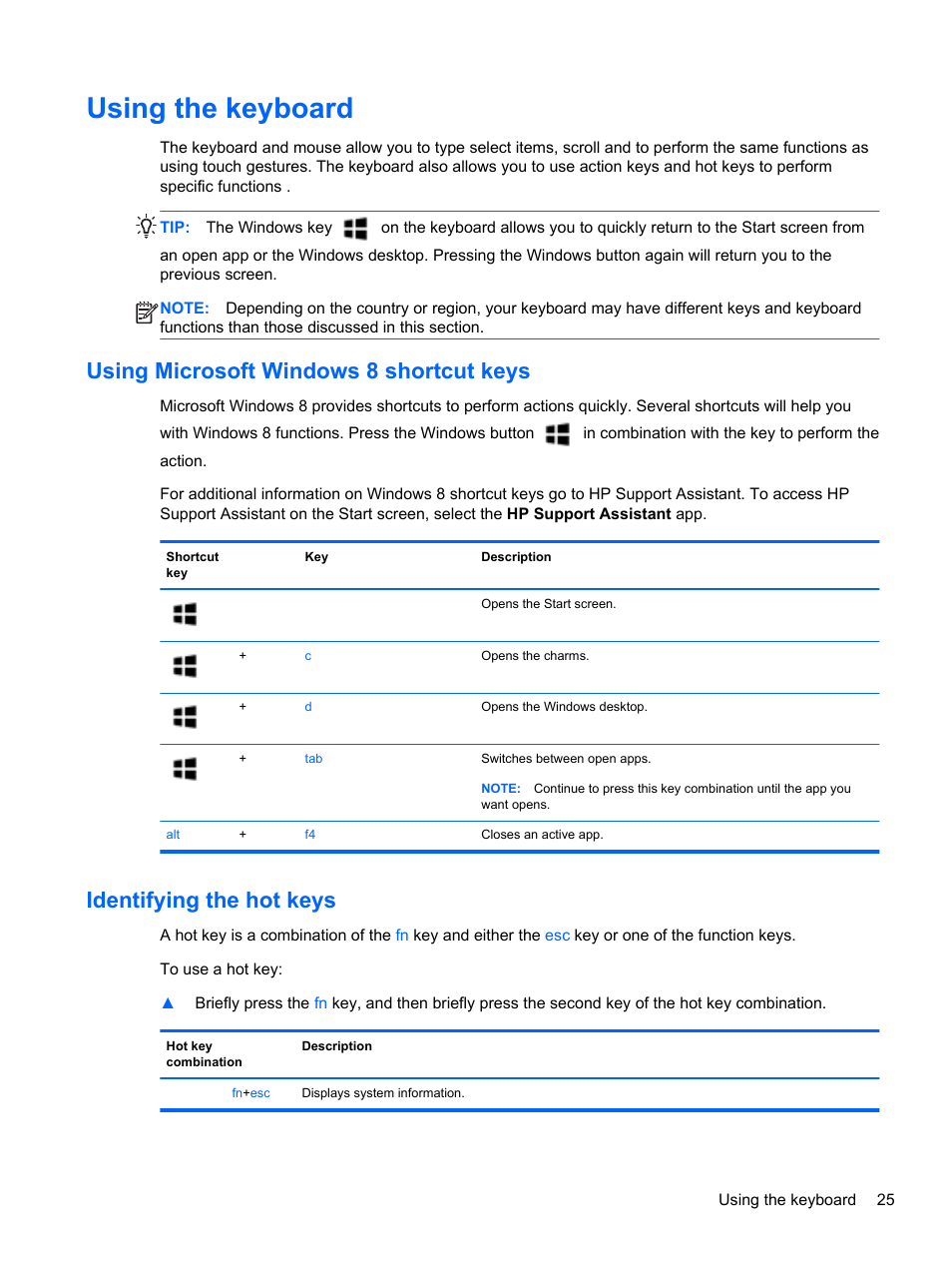 Using the keyboard, Using microsoft windows 8 shortcut keys, Identifying the hot keys | HP EliteBook 840 G1 Notebook PC User Manual | Page 35 / 108