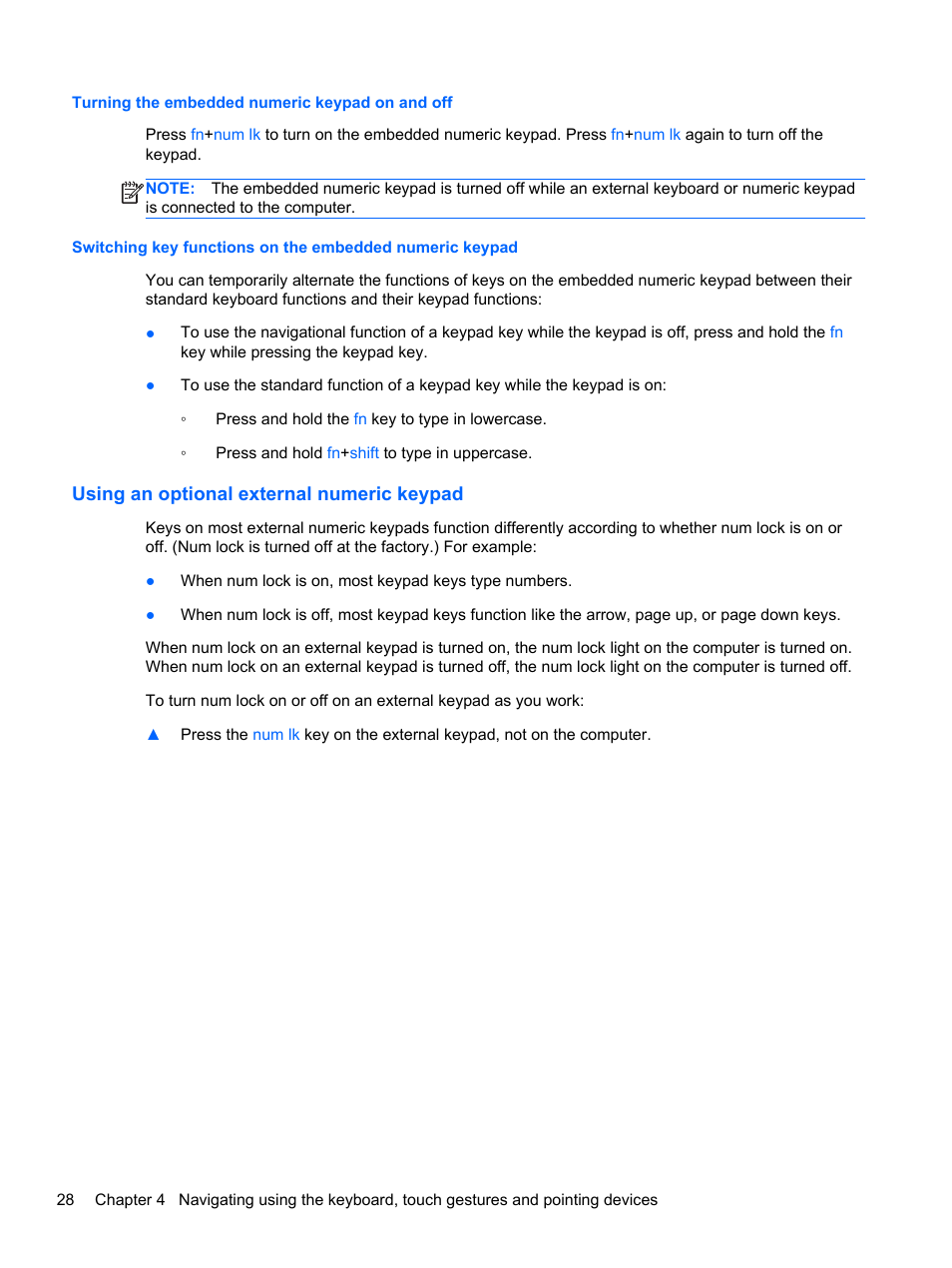 Turning the embedded numeric keypad on and off, Using an optional external numeric keypad | HP EliteBook 840 G1 Notebook PC User Manual | Page 38 / 108