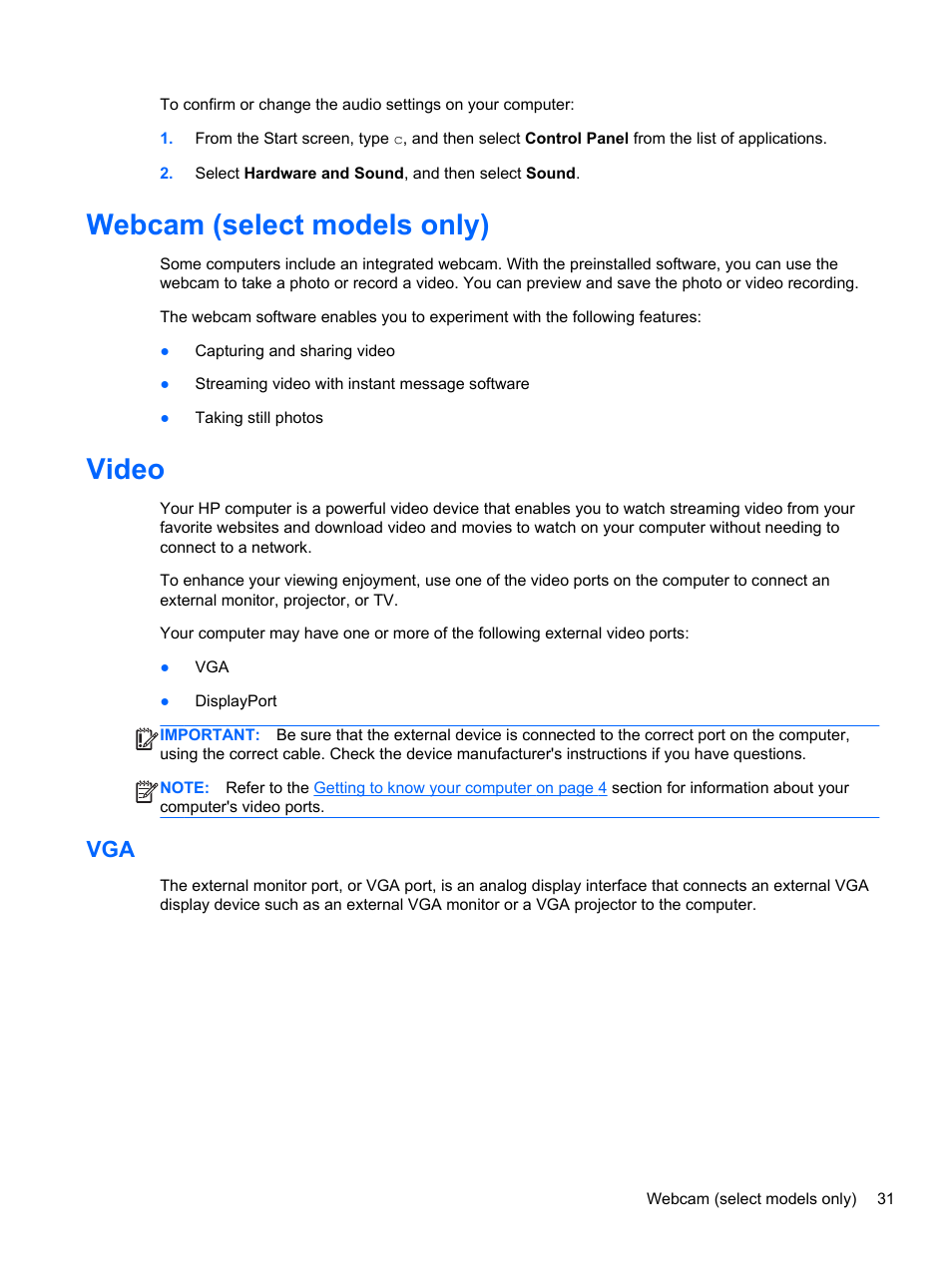 Webcam (select models only), Video, Webcam (select models only) video | HP EliteBook 840 G1 Notebook PC User Manual | Page 41 / 108