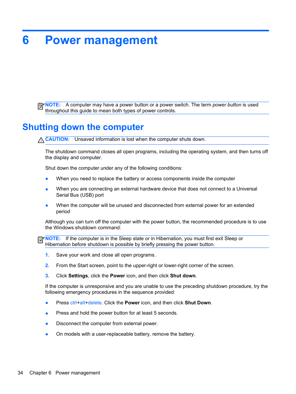Power management, Shutting down the computer, 6 power management | 6power management | HP EliteBook 840 G1 Notebook PC User Manual | Page 44 / 108