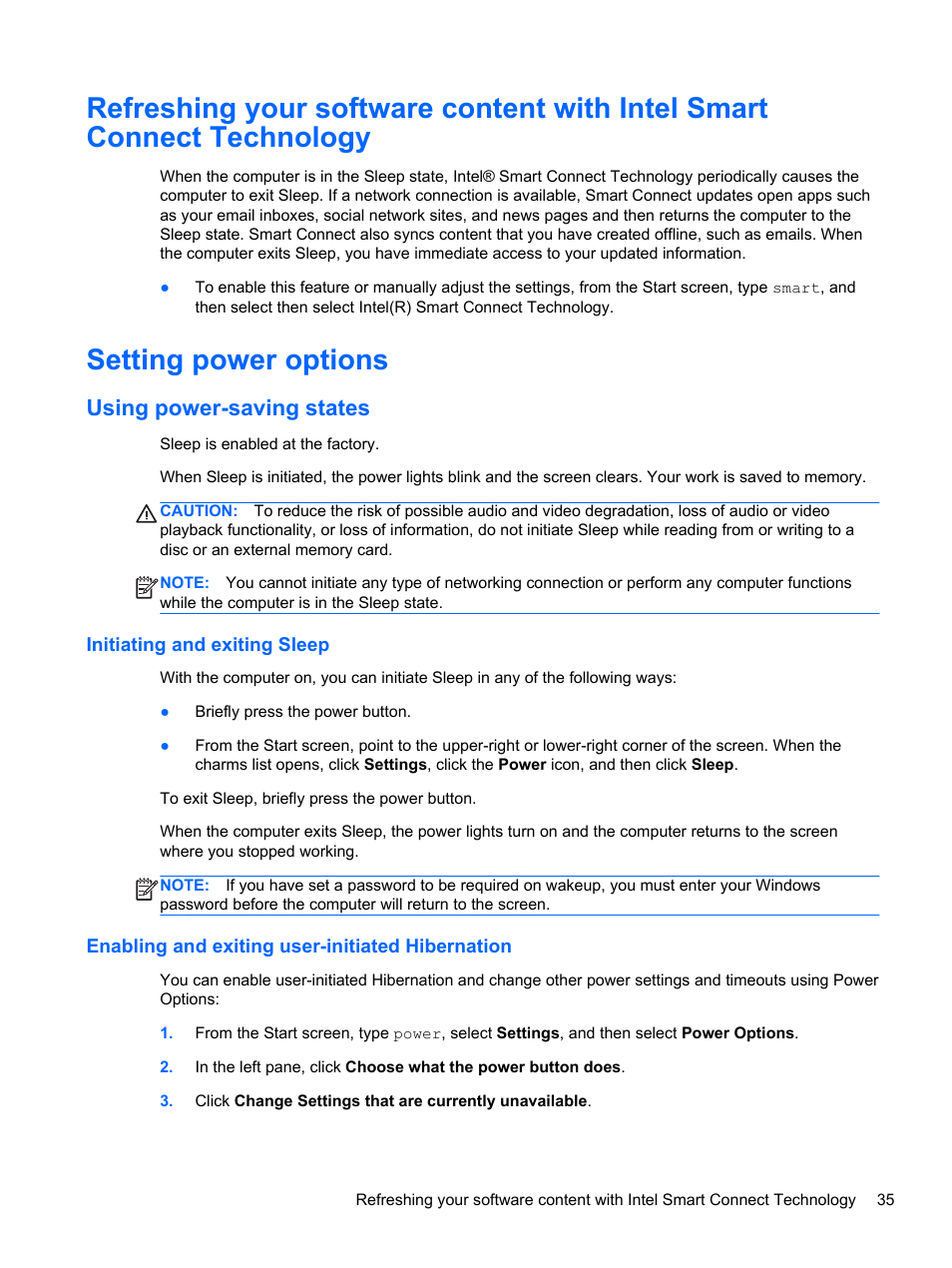 Setting power options, Using power-saving states, Initiating and exiting sleep | Enabling and exiting user-initiated hibernation | HP EliteBook 840 G1 Notebook PC User Manual | Page 45 / 108