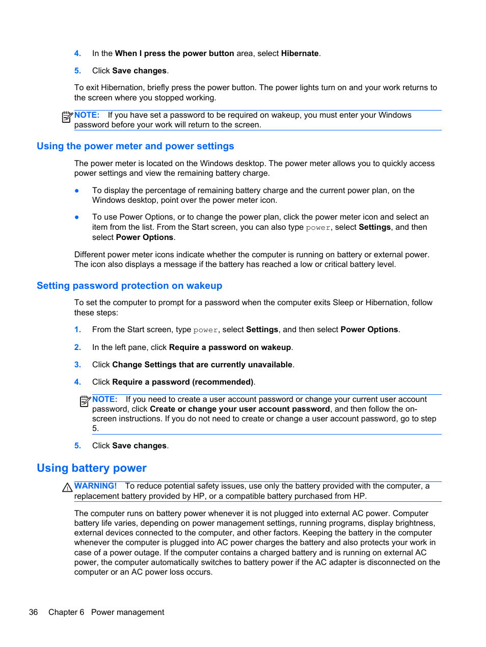 Using the power meter and power settings, Setting password protection on wakeup, Using battery power | HP EliteBook 840 G1 Notebook PC User Manual | Page 46 / 108