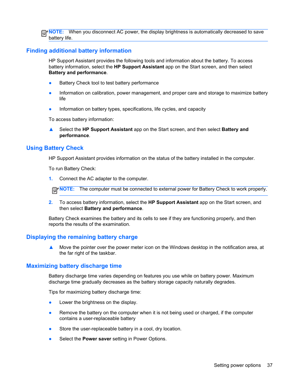 Finding additional battery information, Using battery check, Displaying the remaining battery charge | Maximizing battery discharge time | HP EliteBook 840 G1 Notebook PC User Manual | Page 47 / 108